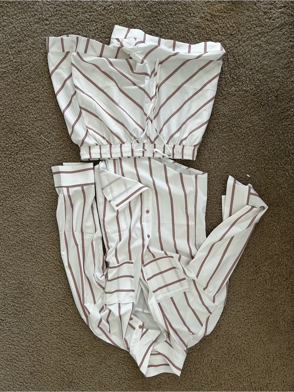 Striped White and Taupe Women's Two-Piece Set